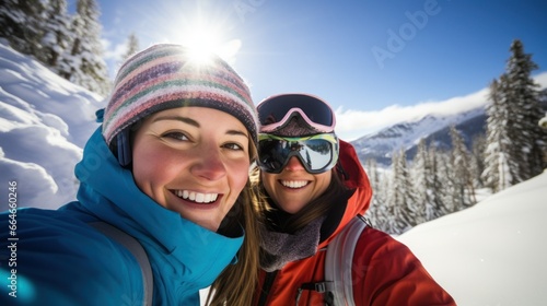 Two adventurous girlfriends skiing together in the snow