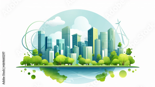 illustration of green city with wind turbines, green trees and grass, city and wind power station on background