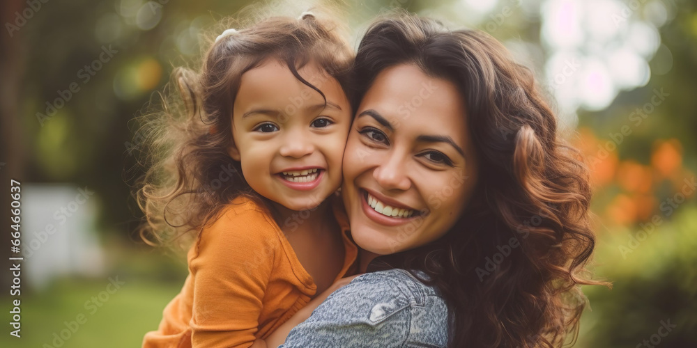 Mother and daughter smiling, spending time together in the park - obrazy, fototapety, plakaty 