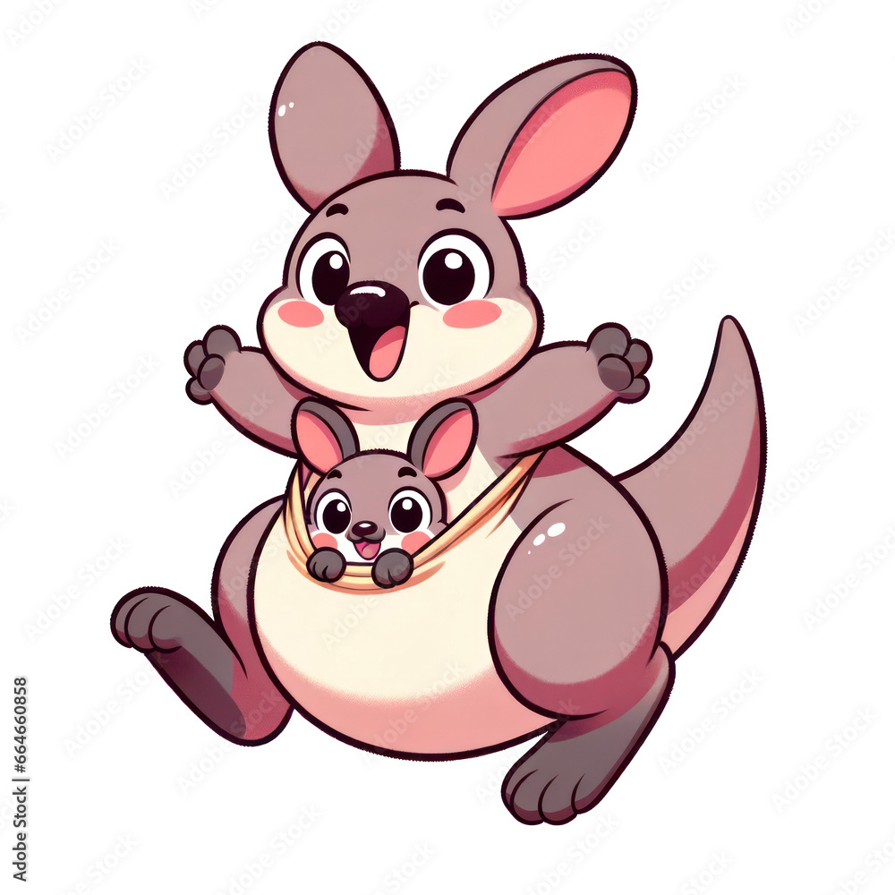Hopping kangaroo with a pouch, carrying a cute child peeking out, both having joyful expressions on isolated background. Cartoon Cute Png. Hopping kangaroo with a pouch, carrying a cute child peeking out, both having joyful expressions on isolated background. Cartoon Cute Png.
