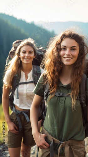 Two adventurous mountaineer girls wander through the deserted mountainous terrain