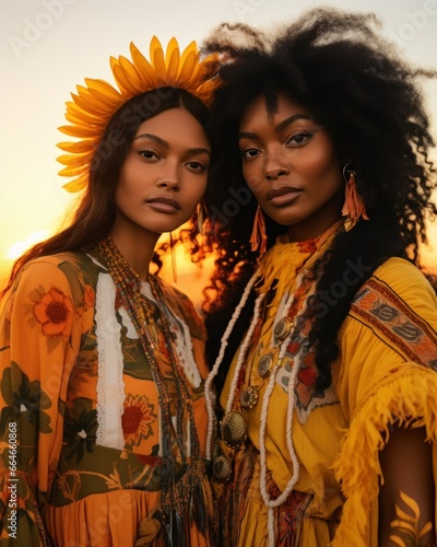 Two energetic black girlfriends, looking glamorous in bohemian dresses in a sunflower field at sunset
