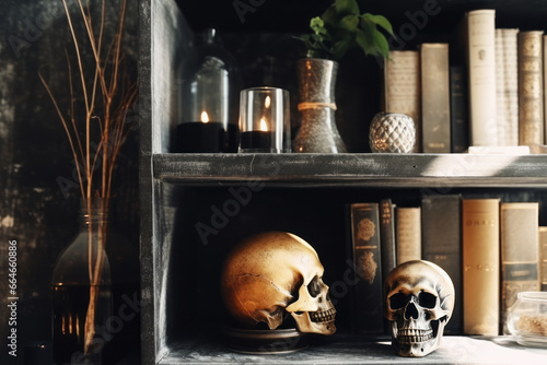 Skulls, books and candles in a shelf
