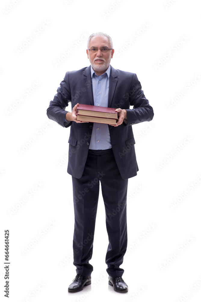 Old businessman holding books isolated on white Old businessman holding books isolated on white