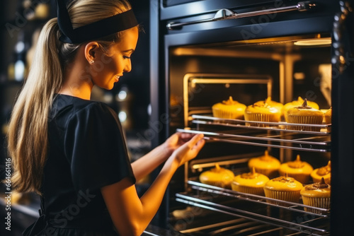 woman baking, taking muffins out of the oven photo