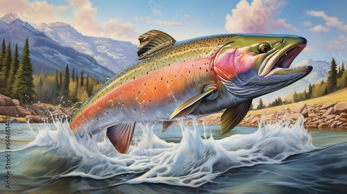 A high-definition capture of a gracefully arching rainbow trout leaping out of a pristine mountain stream.