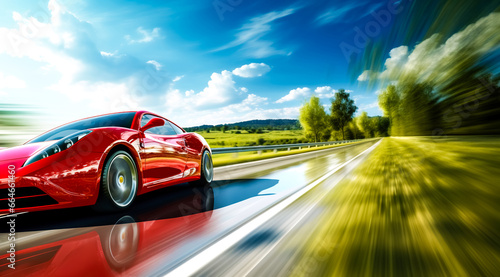 Red Business car on high speed in turn. Super car rushing along a high-speed highway with motion speed in sunny day. digital ai  © Viks_jin