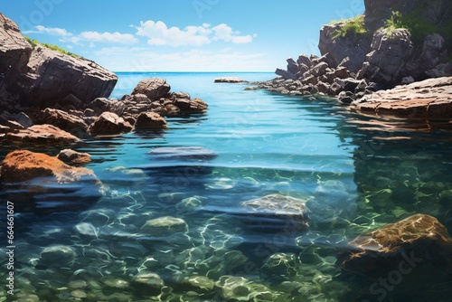A sunny day with shimmering water and submerged rocks. Generative AI