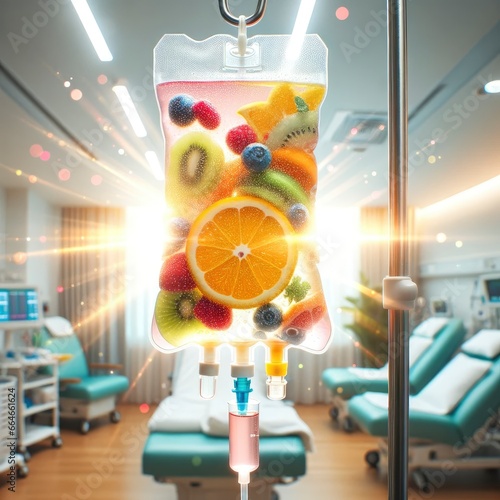 In a well-lit clinical room, an IV drip bag filled with vitamin infusion therapy saline is showcased. The saline inside the bag has hues of tropical fruits.. 
 Generative AI