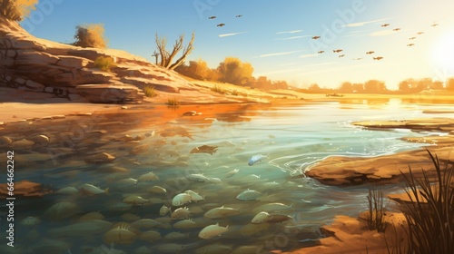 A tranquil picture of a sunlit riverbed, with graceful catfish gliding along the sandy bottom. photo