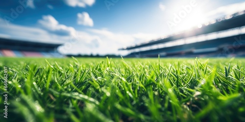 Green grass at a stadium against a blue sky