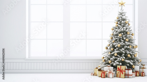 Christmas tree in a white room for Christmas with gifts. generative ai © Witri