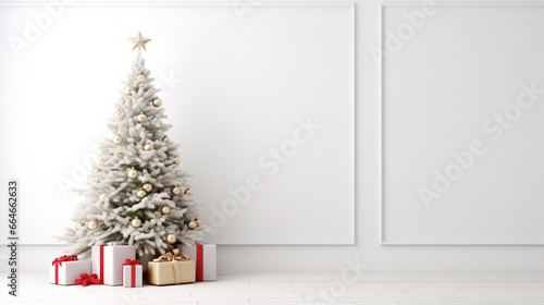 Christmas tree in a white room for Christmas with gifts. generative ai © Witri