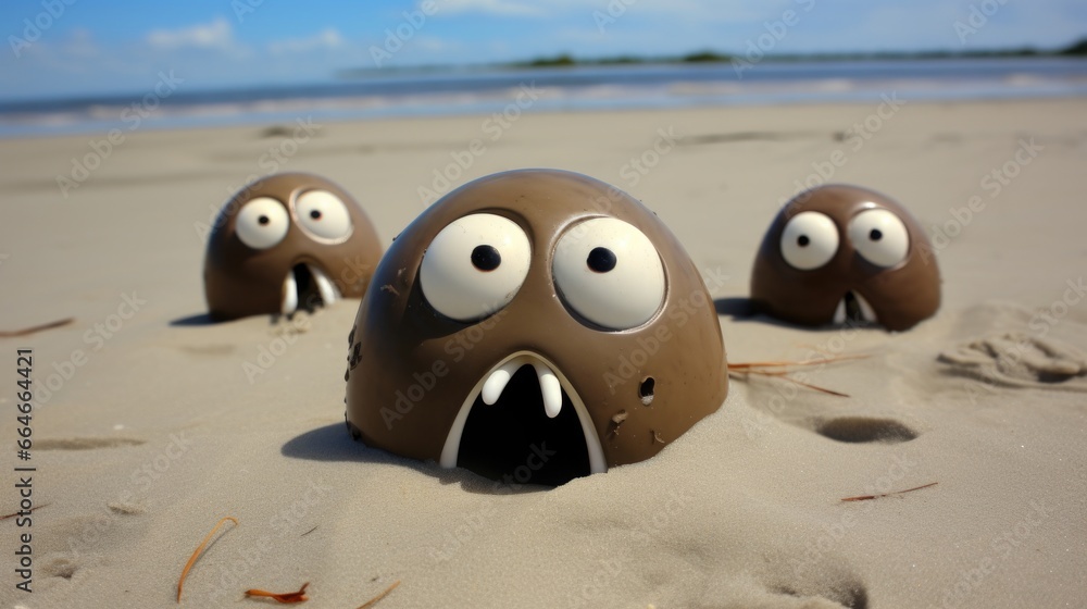 Obraz premium Quirky round tumbled beach rocks with googly eyes on a sandy coastal beach, expressive and funny storytelling, sunny summer day at the shore fun.