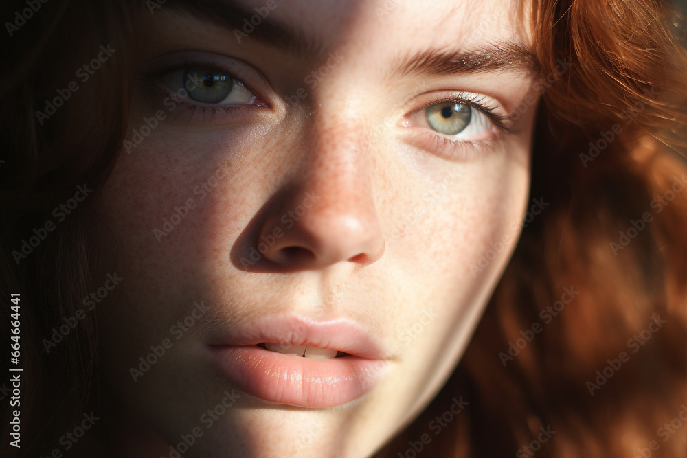 Fototapeta premium Extreme close up of a caucasian woman with striking Blue eyes and pouty lips. Face of beautiful caucasian woman. interplay of light and shadow. Dramatic composition. High quality photo