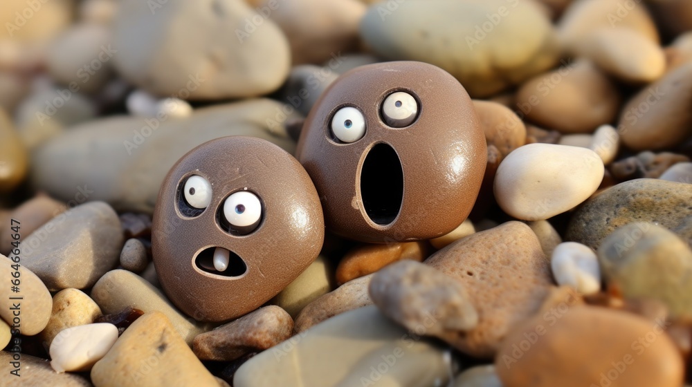 Quirky Rocks Quirky round tumbled beach rocks with googly eyes on a sandy coastal ...