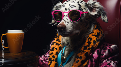 Abstract, creative, illustrated, minimal portrait of an animal dressed as a man in stylish clothes and sunglasses. The dog is standing and drinking a refreshing drink.