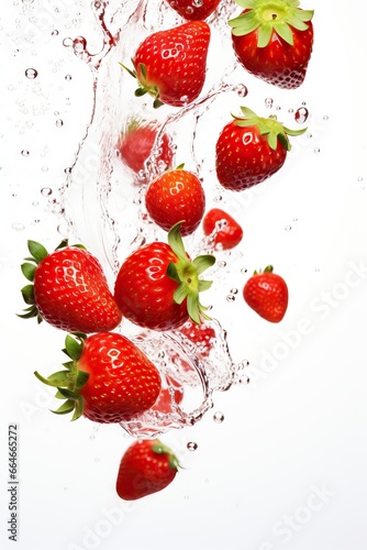 strawberry falling into water, white background