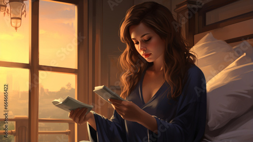 woman reading book in the morning at night