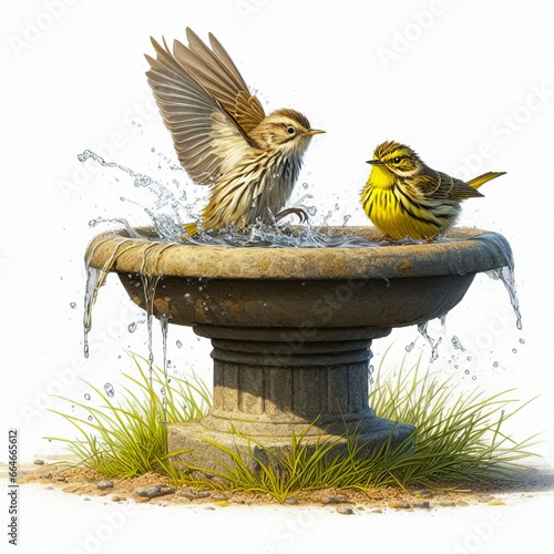 2 Palm Warblers enjoying an old cement birdbath isolated on a white background photo