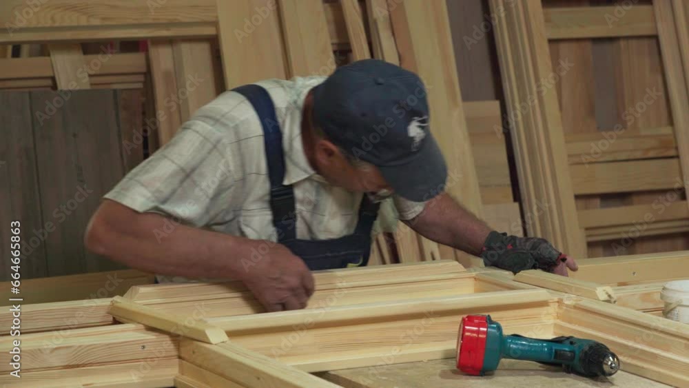 Artisan Removes Sawdust And Woodchips From Window Frame. Artisan Manufacturing Window Frame In Joinery Workshop. Manual Work Of Artisan. Window Frame Crafting Workshop. Carpentry Industry Artisan Removes Sawdust And Woodchips From Window Frame. Artisan Manufacturing Window Frame In Joinery Workshop. Manual Work Of Artisan. Window Frame Crafting Workshop. Carpentry Industry