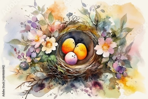 Cheerful Easter scene with vibrant watercolor eggs, flowers, and nest. Symbolic of the holiday. Generative AI