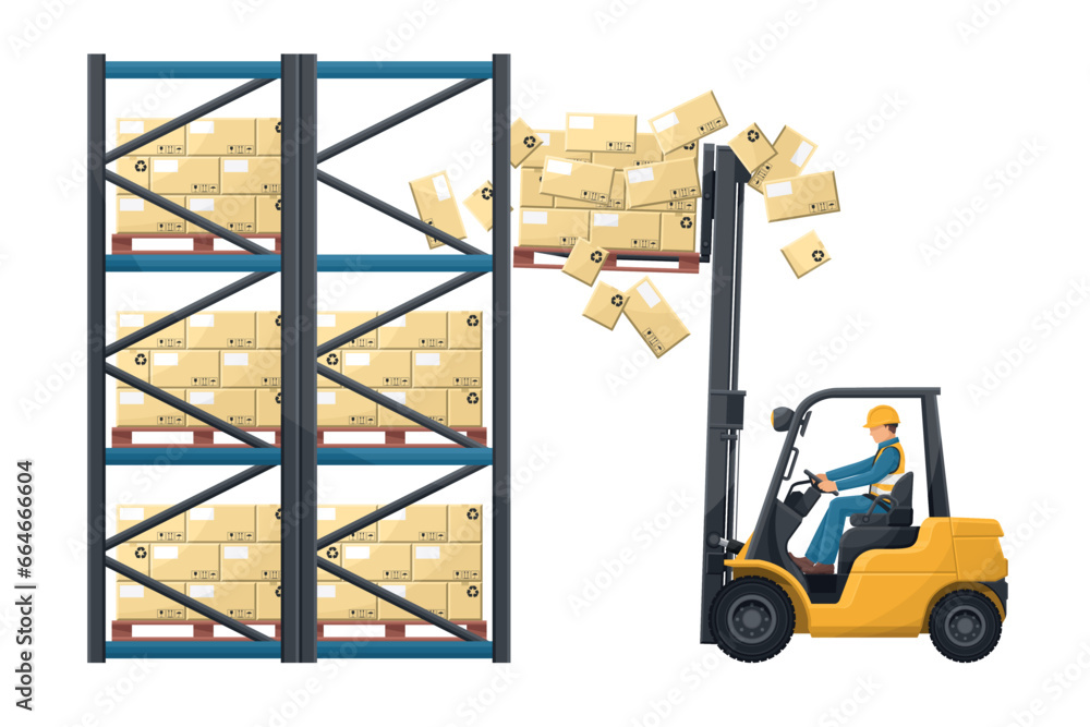 Forklift accident. Fork lift truck colliding with the warehouse rack