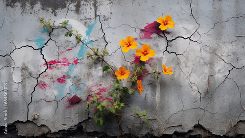 broken wall on a white background with a flower photo