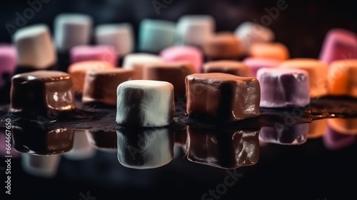 chocolate, marshmallow, food, glass, drink, sweet, table, dessert, candle, brown, coffee, cake, bottle, delicious, candy, dark, isolated, cocoa, sweets, gourmet, generative ai