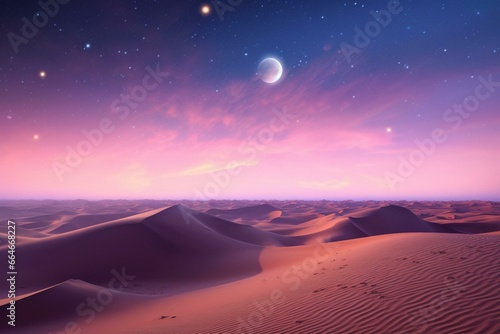 Scenic view of desert sand dunes at dusk under a pink gradient starry sky. Generative AI