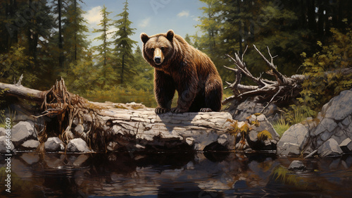bear with a large figure in the forest, the bear, a big river in the forest