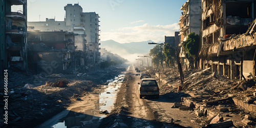 A deserted city in ruins landscape engulfed i chaos through the ruins of a war-torn urban landscape