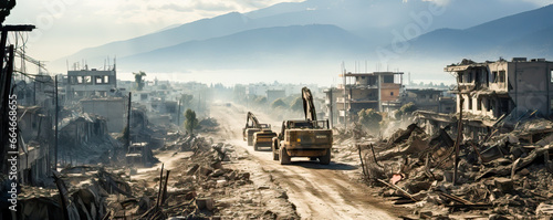 A heavy-duty construction vehicle traversing a dusty path through the ruins of a war-torn urban landscape photo