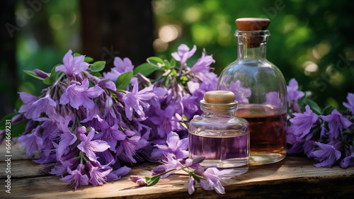 bottle with fresh flowers and fresh lupine