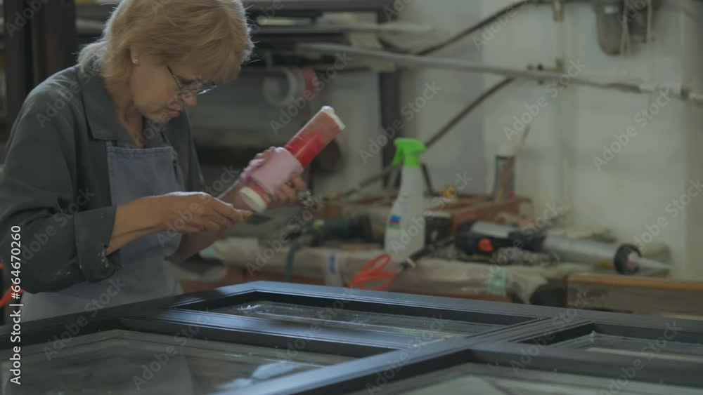 Worker using a small tool to push the silicon gel into the window frame cracks. Worker spreading the silicon on the window with a tool. Worker finishes the application of silicon with a small tool. Worker using a small tool to push the silicon gel into the window frame cracks. Worker spreading the silicon on the window with a tool. Worker finishes the application of silicon with a small tool.