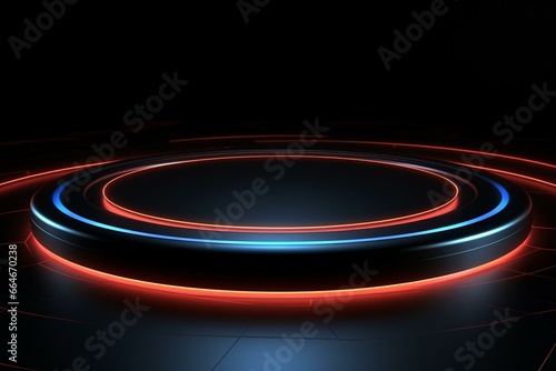 Embossed black surface, illuminated white edge. Tech background with neon circle. 3D render. Generative AI