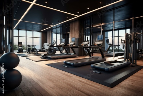 Contemporary fitness area equipped with diverse workout gear and machines. Generative AI