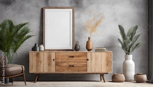 Wooden cabinet, dresser against concrete wall with empty blank mockup poster 