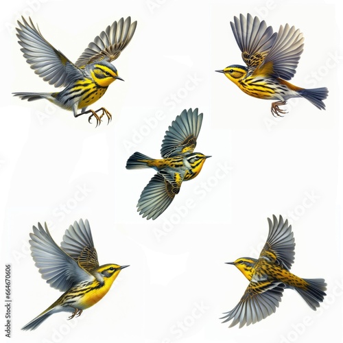 A set of male and female Prairie Warblers flying isolated on a white background