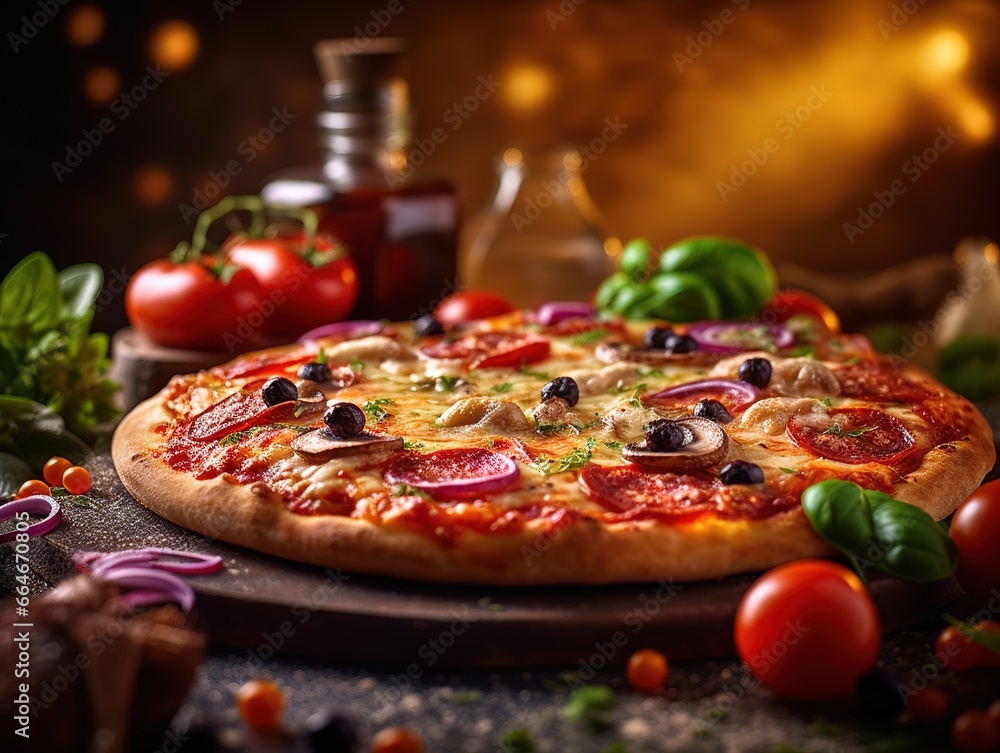 Very delicious and appetizing looking pizza with blurred background