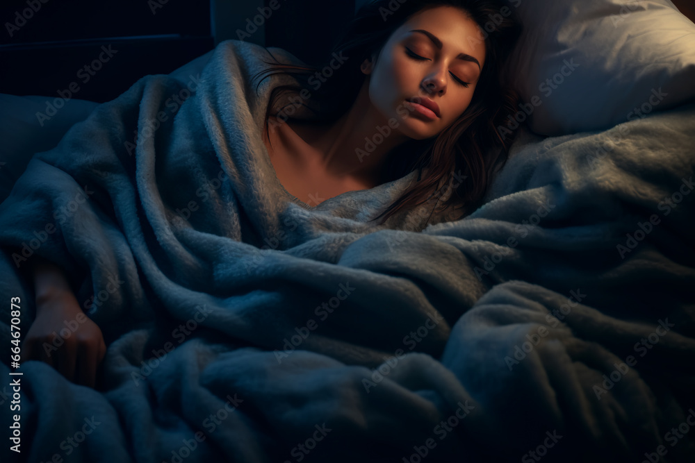 A woman sleeping in bed at night