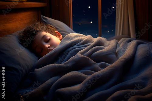 A kid sleeping in bed at night
