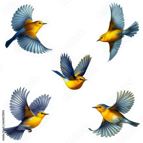 A set of male and female Prothonotary Warblers flying isolated on a white background