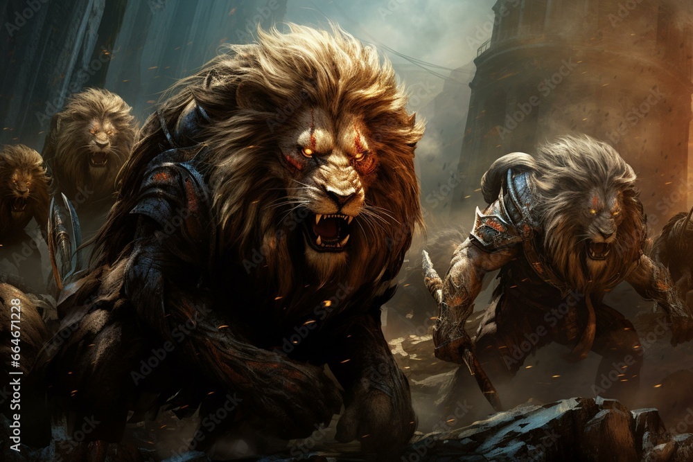 fierce lion warriors dominating. Generative AI
