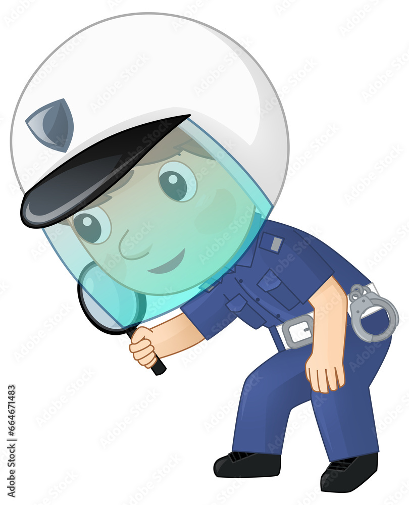 Cartoon character policeman boy happy at work isolated illustration for kids