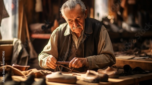 Senior shoemaker crafting leather shoes in small workshop