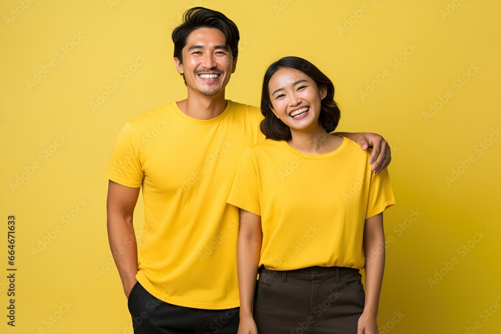 Portrait of a Happy Fictional Diverse Couple Smiling. Isolated on a Plain Colored Background. Generative AI Illustration. Portrait of a Happy Fictional Diverse Couple Smiling. Isolated on a Plain Colored Background. Generative AI Illustration.