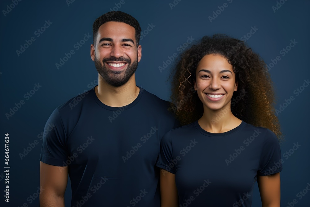 Obraz premium Portrait of a Happy Fictional Diverse Couple Smiling. Isolated on a Plain Colored Background. Generative AI Illustration.