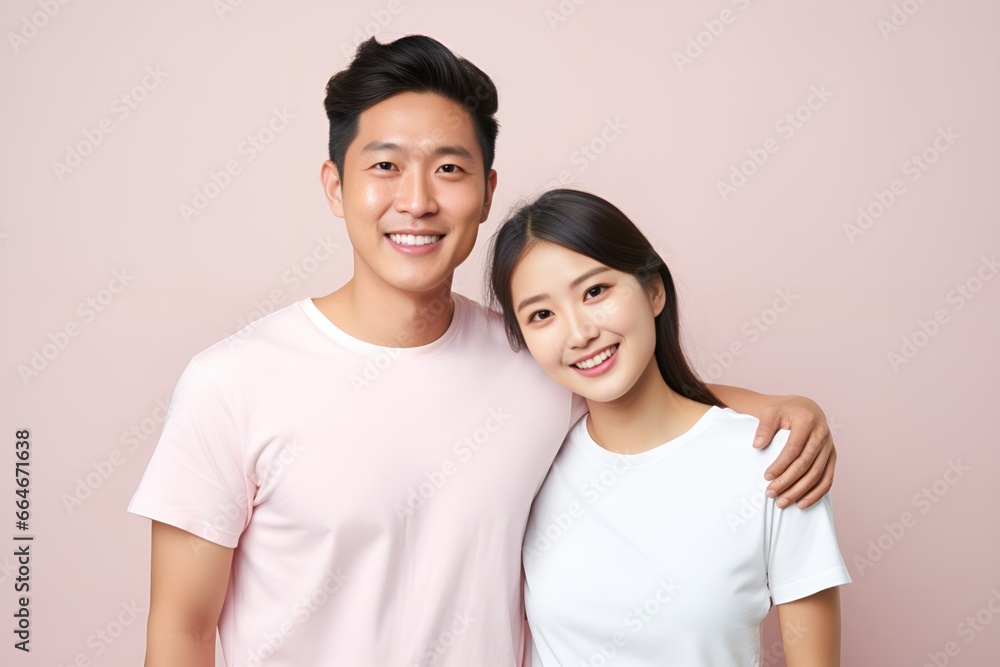 Portrait of a Happy Fictional Diverse Couple Smiling. Isolated on a Plain Colored Background. Generative AI Illustration. Portrait of a Happy Fictional Diverse Couple Smiling. Isolated on a Plain Colored Background. Generative AI Illustration.