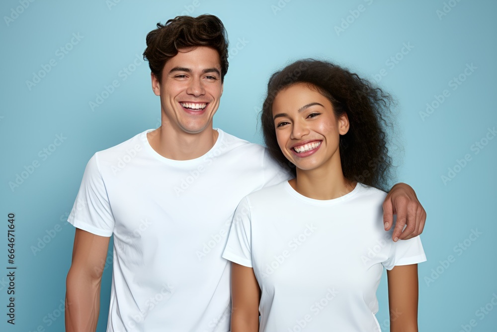 Portrait of a Happy Fictional Diverse Couple Smiling. Isolated on a Plain Colored Background. Generative AI Illustration. Portrait of a Happy Fictional Diverse Couple Smiling. Isolated on a Plain Colored Background. Generative AI Illustration.
